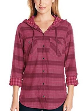 Columbia - Times Two Hooded Long Sleeve Red Stripe Cotton Button Shirt - 2X